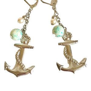 Silver Tone Anchor Earrings Nautical Boat Aqua Stone Dangle Bead Island Made USA